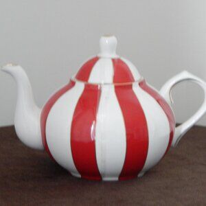GRACE TEAWARE Fine Porcelain Teapot Holiday Carousel Red White Gold Stripes New